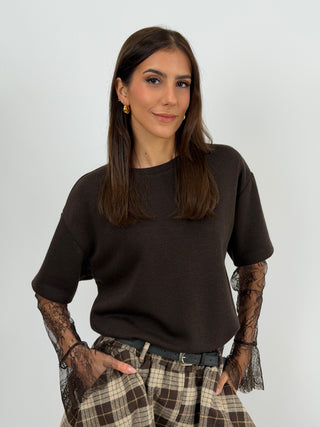 T-Shirt in Maglia con Maniche in Pizzo Marrone