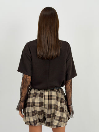 T-Shirt in Maglia con Maniche in Pizzo Marrone