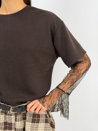 T-Shirt in Maglia con Maniche in Pizzo Marrone