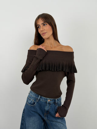 Maglia Spalle Scoperte Marrone - Maglia marrone a maniche lunghe con spalle scoperte. Dettaglio lavorato sul bordo. | Paloma Store