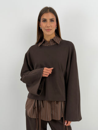 Maglia in Cotone Manica Ampia Marrone - Maglia marrone in cotone a girocollo con maniche lunghe ampie. | Paloma Store
