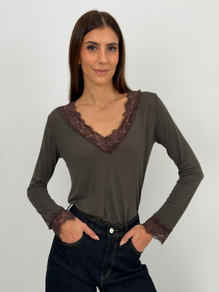Maglia Ultralight con Cashmere e Pizzo Marrone