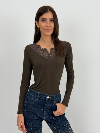 Maglia Ultralight con Cashmere e Pizzo Marrone