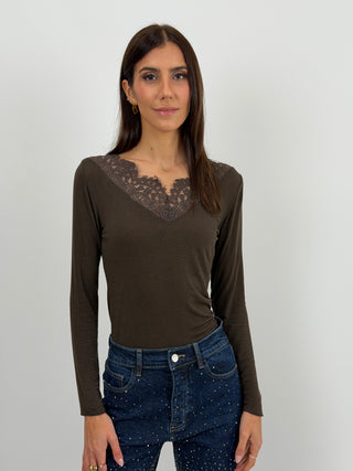 Maglia Ultralight con Cashmere e Pizzo Marrone