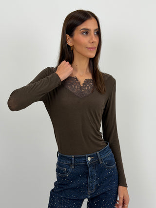 Maglia Ultralight con Cashmere e Pizzo Marrone