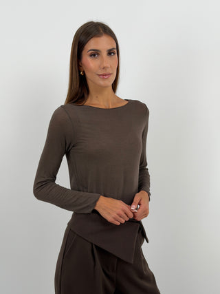 Maglia Ultralight con Cashmere Marrone - Maglia marrone in tessuto morbido e sottile con cashmere, girocollo e maniche lunghe. | Paloma Store