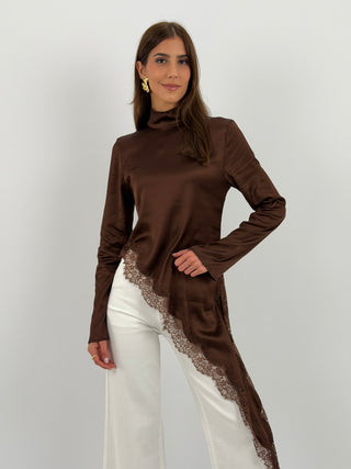 Maglia Lumina Asimmetrica con Pizzo Marrone