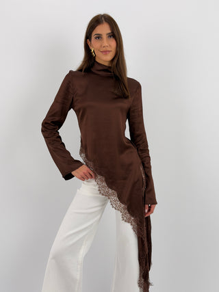 Maglia Lumina Asimmetrica con Pizzo Marrone
