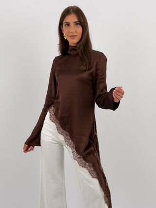 Maglia Lumina Asimmetrica con Pizzo Marrone