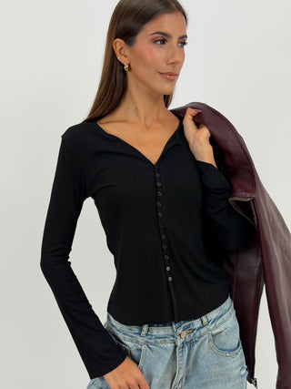 Maglia a Costine con Bottoni Nera - Maglia nera a girocollo, maniche lunghe a costine con bottoncini frontali. | Paloma Store