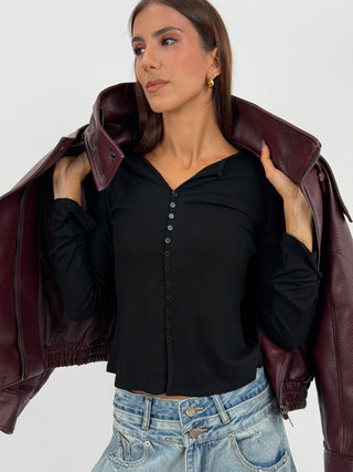 Maglia a Costine con Bottoni Nera