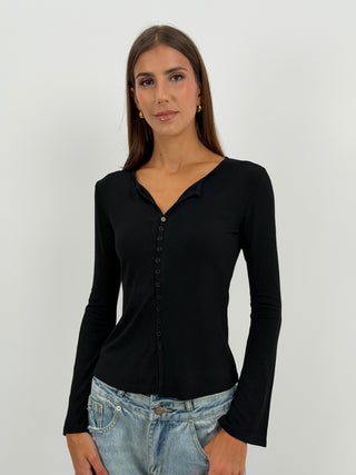Maglia a Costine con Bottoni Nera