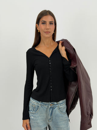 Maglia a Costine con Bottoni Nera