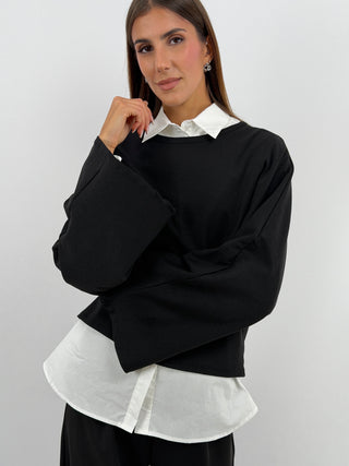 Maglia in Cotone Manica Ampia Nera - Maglia nera in cotone a girocollo con maniche lunghe ampie. | Paloma Store