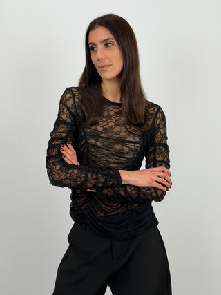 Maglia in Pizzo con Arricciature Nera