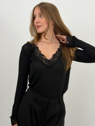 Maglia Ultralight con Cashmere e Pizzo Nera