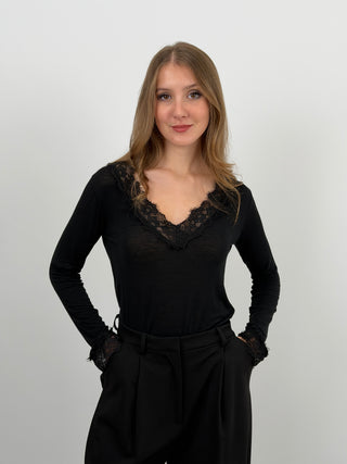 Maglia Ultralight con Cashmere e Pizzo Nera