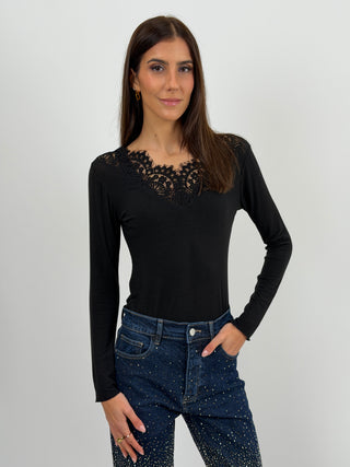 Maglia Ultralight con Cashmere e Pizzo Nera