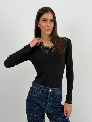 Maglia Ultralight con Cashmere e Pizzo Nera