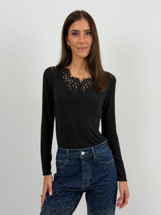 Maglia Ultralight con Cashmere e Pizzo Nera