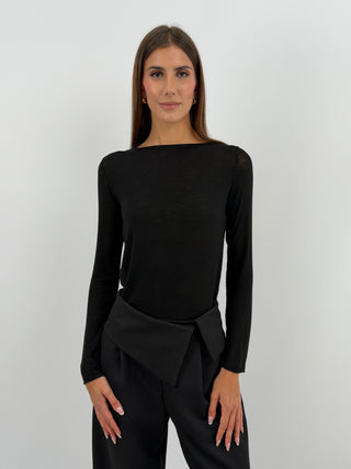 Maglia Ultralight con Cashmere Nera - Maglia nera in tessuto morbido e sottile con cashmere, girocollo e maniche lunghe. | Paloma Store