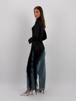 Maglia Lumina Asimmetrica con Pizzo Nera