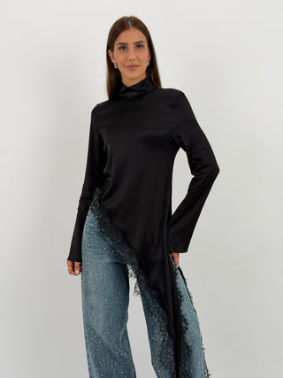 Maglia Lumina Asimmetrica con Pizzo Nera