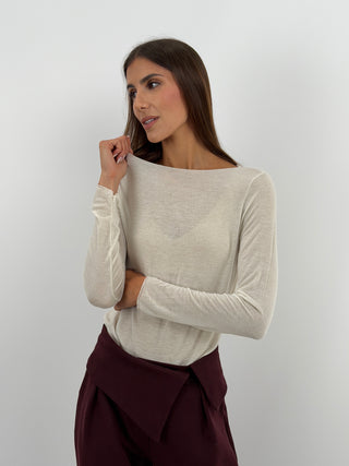 Maglia Ultralight con Cashmere Panna - Maglia panna in tessuto morbido e sottile con cashmere, girocollo e maniche lunghe. | Paloma Store