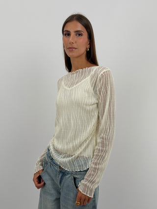 Maglia Waves a Manica Lunga Panna - Maglia panna in tessuto semitrasparente a manica lunga, con canotta inclusa. | Paloma Store