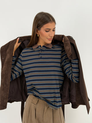 Maglia Polo a Righe Blu - Lumina - Maglia polo blu a righe a contrasto con colletto, bottoni e maniche lunghe. | Paloma Store