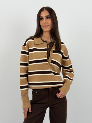 Maglione Caramello a Righe con Colletto