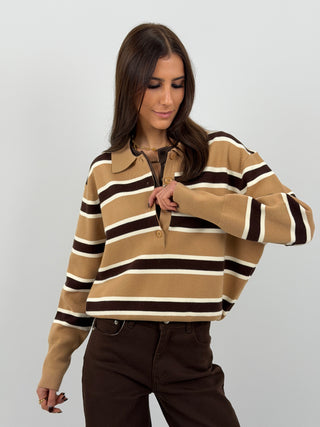 Maglione Caramello a Righe con Colletto