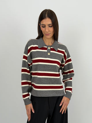 Maglione Grigio a Righe con Colletto e Bottoni Gioiello