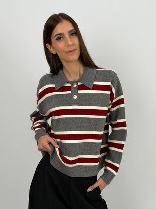 Maglione Grigio a Righe con Colletto e Bottoni Gioiello