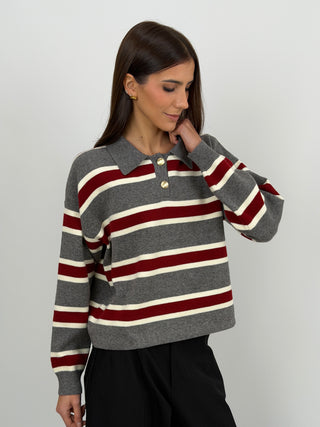 Maglione Grigio a Righe con Colletto e Bottoni Gioiello