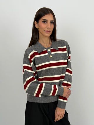 Maglione Grigio a Righe con Colletto e Bottoni Gioiello