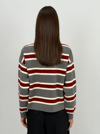 Maglione Grigio a Righe con Colletto e Bottoni Gioiello