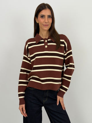 Maglione Marrone a Righe con Colletto e Bottoni Gioiello