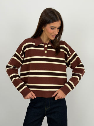 Maglione Marrone a Righe con Colletto e Bottoni Gioiello
