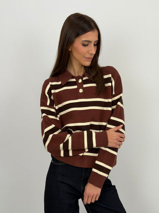 Maglione Marrone a Righe con Colletto e Bottoni Gioiello
