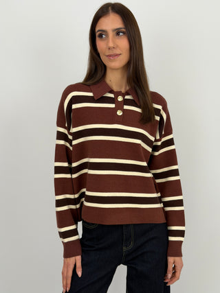 Maglione Marrone a Righe con Colletto e Bottoni Gioiello