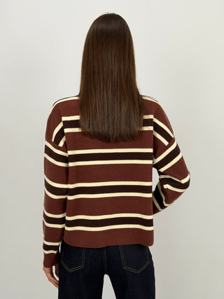 Maglione Marrone a Righe con Colletto e Bottoni Gioiello