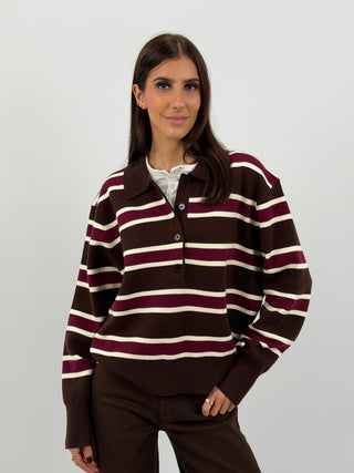Maglione Marrone a Righe con Colletto