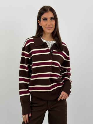 Maglione Marrone a Righe con Colletto