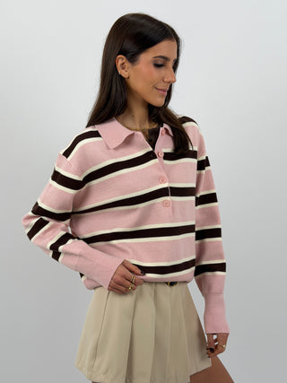 Maglione Rosa a Righe con Colletto