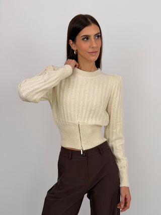 Pullover con Zip e Spalline Beige