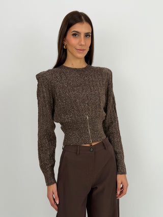Pullover con Zip e Spalline Marrone