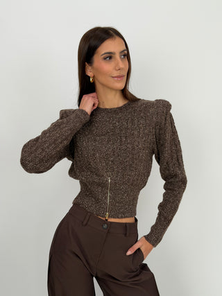 Pullover con Zip e Spalline Marrone