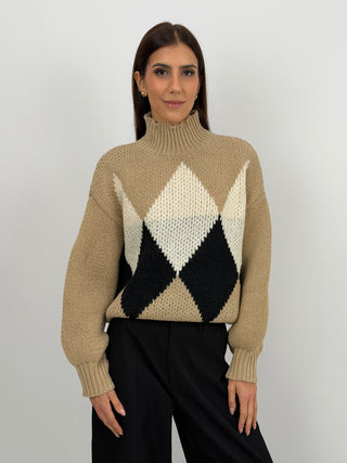 Maglione a Rombi a Collo Alto Beige