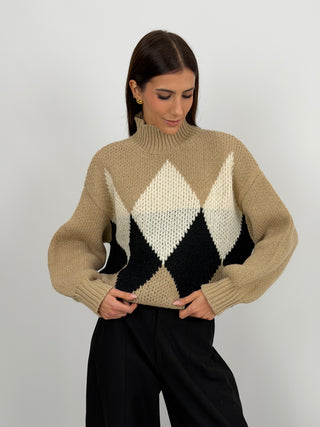 Maglione a Rombi a Collo Alto Beige